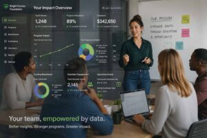 Nonprofit team reviewing a HubSpot donor analytics dashboard during a strategy meeting