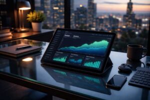 Custom business data analytics command center showing ROAS and EBITDA metrics on a sleek dark-mode interface.
