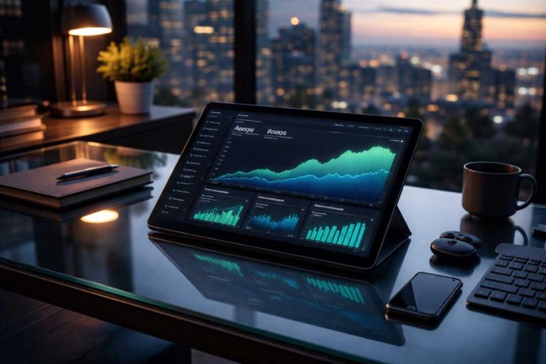 Custom business data analytics command center showing ROAS and EBITDA metrics on a sleek dark-mode interface.